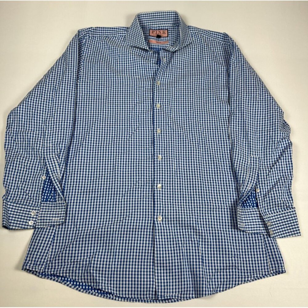 Thomas Pink Men 16.5 L Slim Fit Blue Gingham Dress Shirt Jermyn Street London